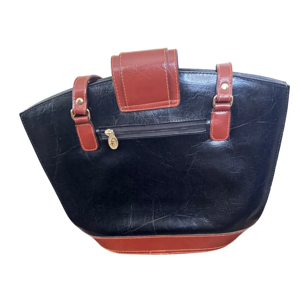 Vintage Chiltern Satchel Tote Black Brown Leather Handbag 10.5x15x10x4.5 EUC 90s